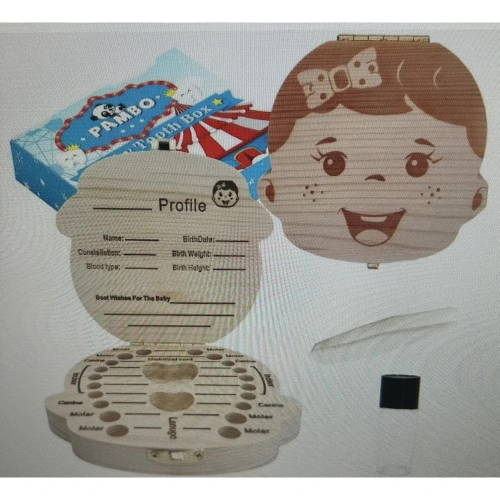 PAMBO Baby Tooth Box Keepsake for Girls, Wooden